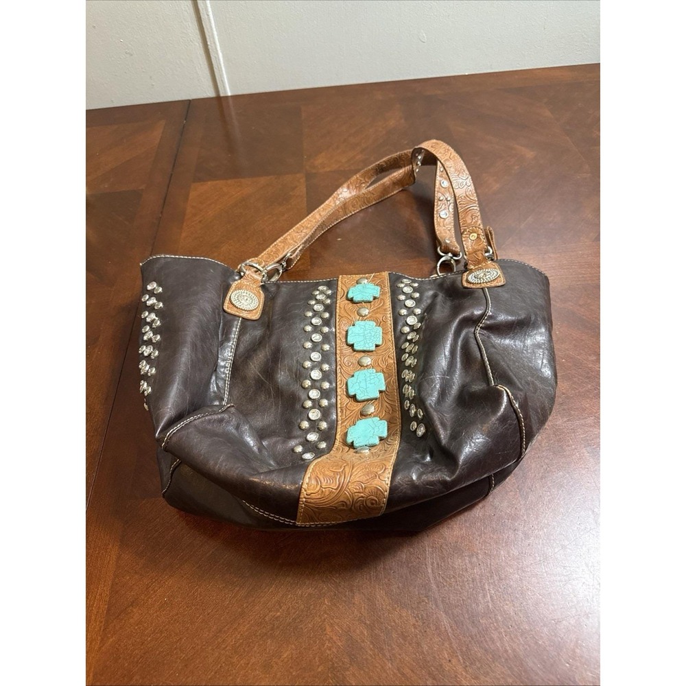 VTG Leather Western Tote Tooled Brown Turquoise Cross Concho Studded